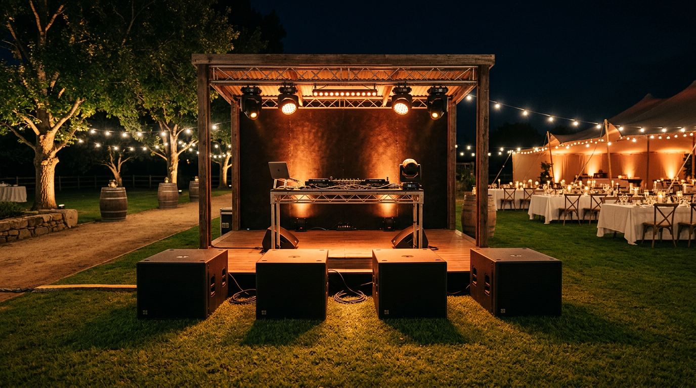 A professional outdoor stage sound setup showing subwoofers arranged on the ground with an elegant event area in the background