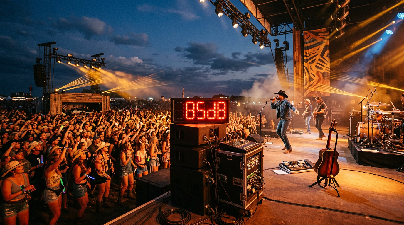 A professional sound setup at an outdoor event venue showing a decibel meter and hybrid stage gear.