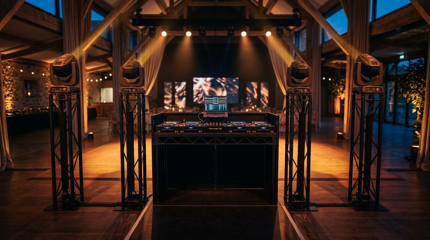 Professional stage lighting setup with moving head fixtures on totems and warm wash lighting
